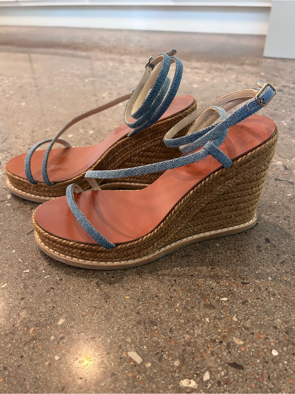 Jimmy Choo Denim-Strap Wedge Sandals in Blue and Tan